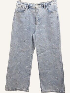 Risen Noah Tummy Control Floral Embroidered Wide Leg Jeans 1XL NWT